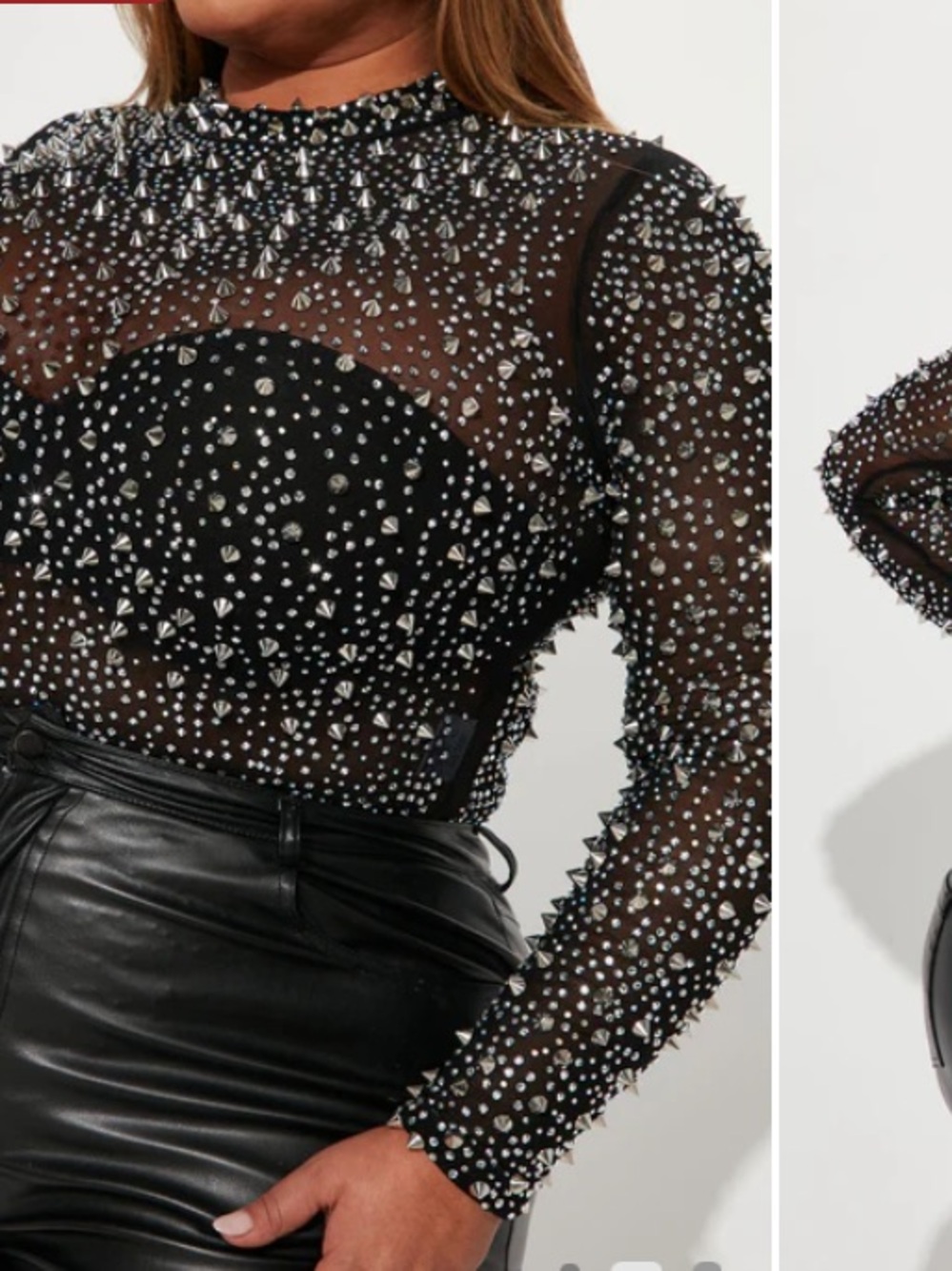 Studded Black Sheer Long-Sleeve Women’s Bodysuit